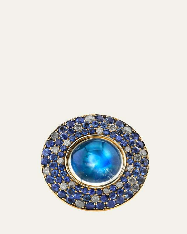One of a Kind UFO 18K Yellow Gold Moonstone Ring with Sapphire and Diamonds, Size 6.5